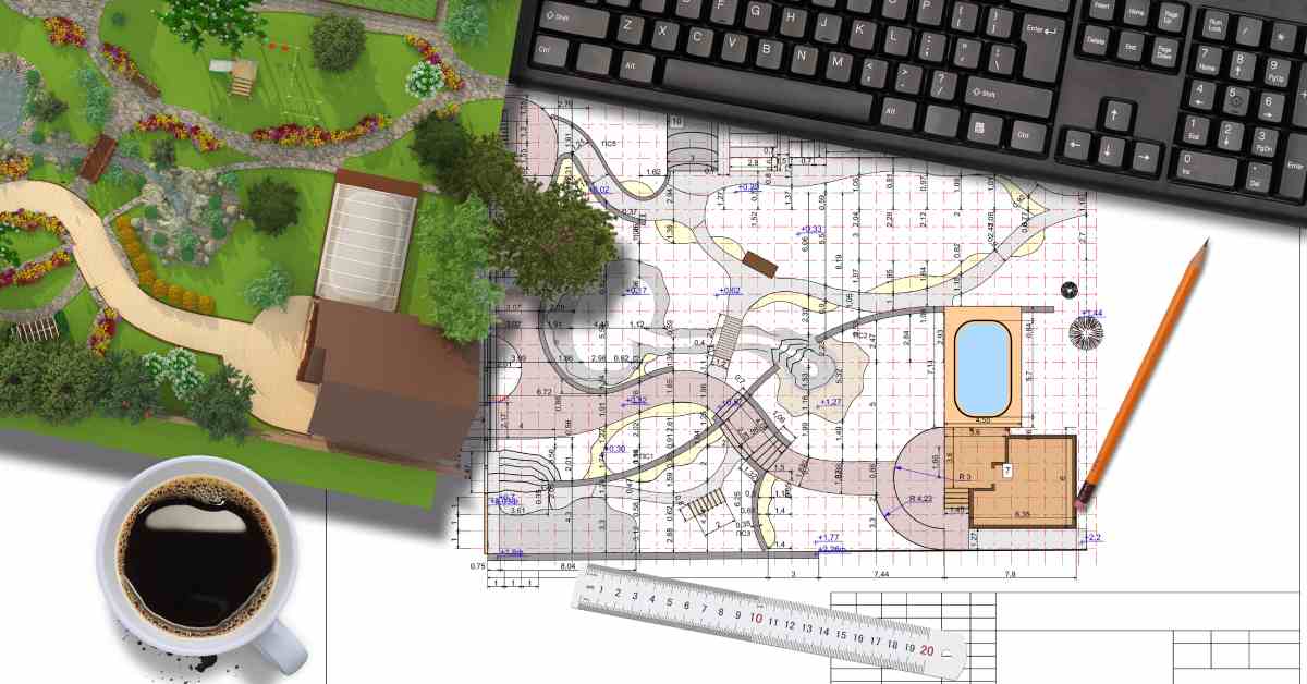 A color-printed blueprint and a 3D model of a residential outdoor landscape design on a landscape designer's desk.
