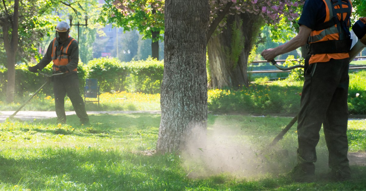 Two professional landscapers wearing high-visibility vests using equipment to work on a residential lawn.